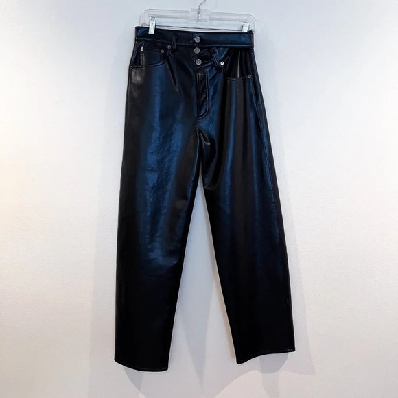 Agolde Pants - Agolde Black Leather Broken Waist Straight Leg High Waist Wrapped Pants 27